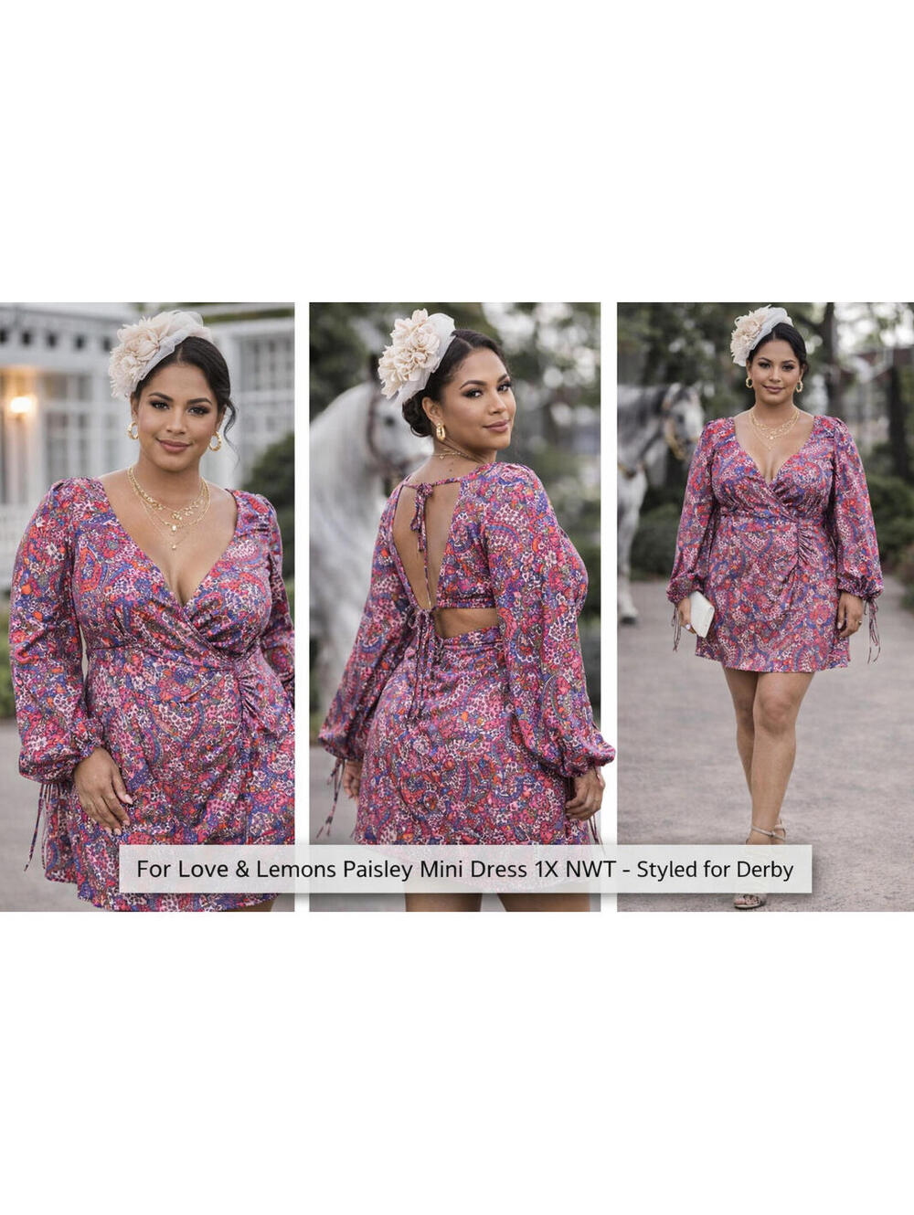 For Love & Lemons Paisley Mini Dress 1X NWT Ruched Long Sleeve Boho Open Back